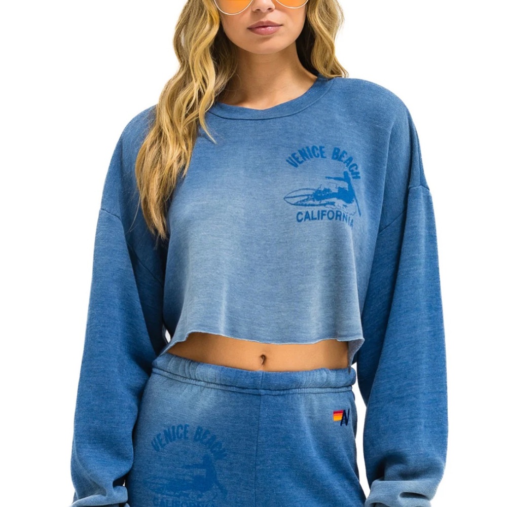 AVIATOR NATION - VENICE CROPPED CREW SWEATSHIRT - Faded Water - NWT